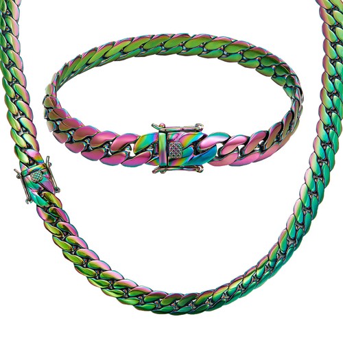 10mm Men's Miami Cuban Link Bracelet Chain Colorful Stainless Steel Necklace