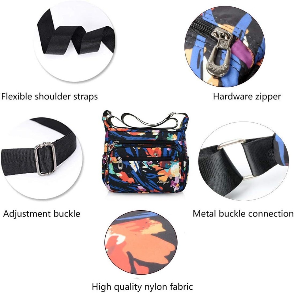 Nylon Floral MultiPocket Crossbody Purse Bags for Women Travel
