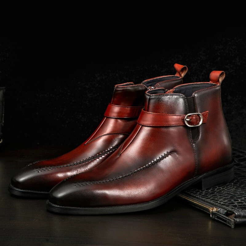 British Buckle Western Mens Zip Chelsea Ankle Boots Real Leather Shoes Plus size