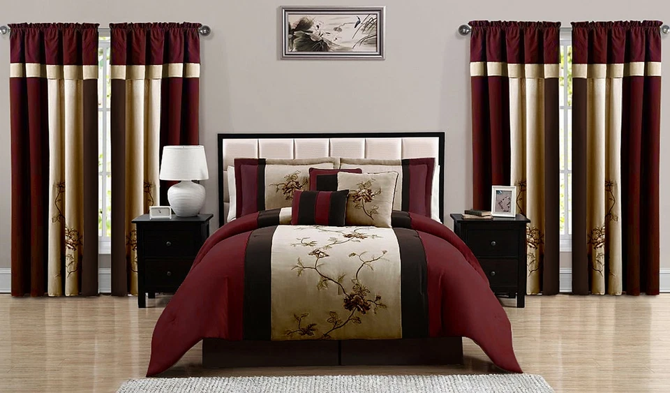 7-Piece Burgundy Brown Taupe Bedding Set Embroidered Floral Comforter Set - Image 2 of 4