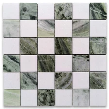 S255XH Sagano Vibrant Green Thassos White Marble 2x2 Checkerboard Mosaic Tile
