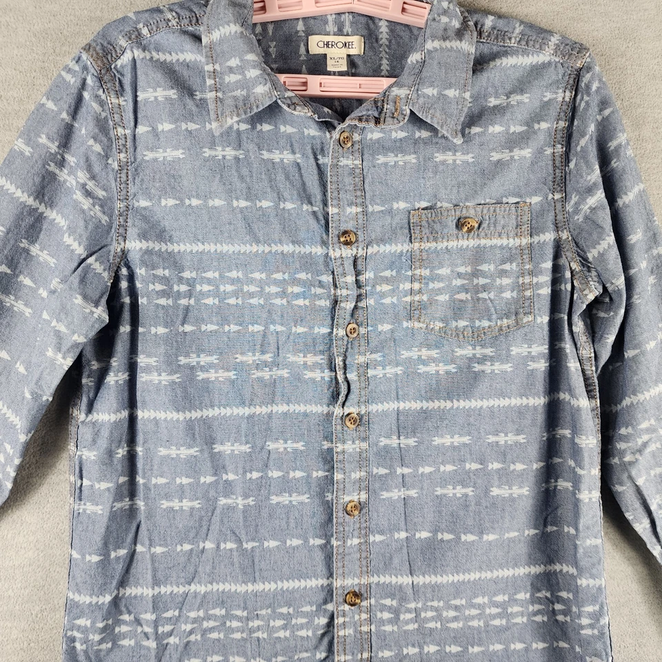 Cherokee Youth Button Up Aztec Shirt XL 16 Light Blue Denim Long Sleeve Casual - Image 3 of 4