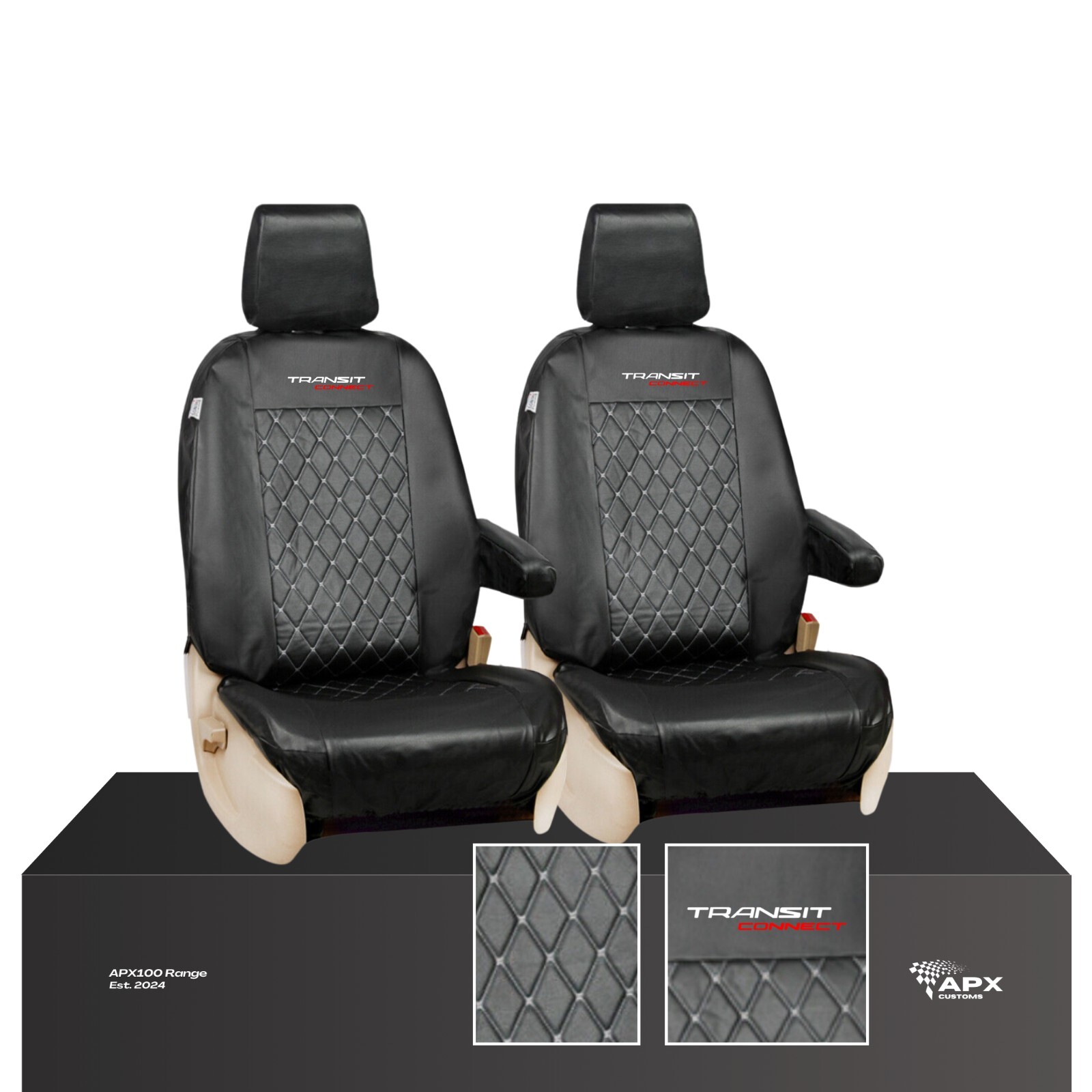 Fundas de asiento delanteras acolchadas con diamante negro para Ford Transit Connect 2018-on