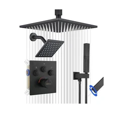 Thermostatic Shower System Matte Black, Push Button Diverter Shower Faucet wi...