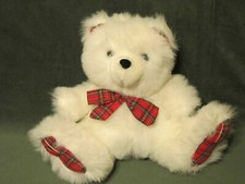 FLUFFY WHITE PLUSH BEAR BY AMERICA WEGO - 10" W-PLAID ACCENTS