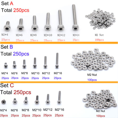 Kit 250PZ M2(2mm) Esagono Bulloni Viti Dadi in A2 Acciaio Inox Assortment - Afbeelding 1 van 7