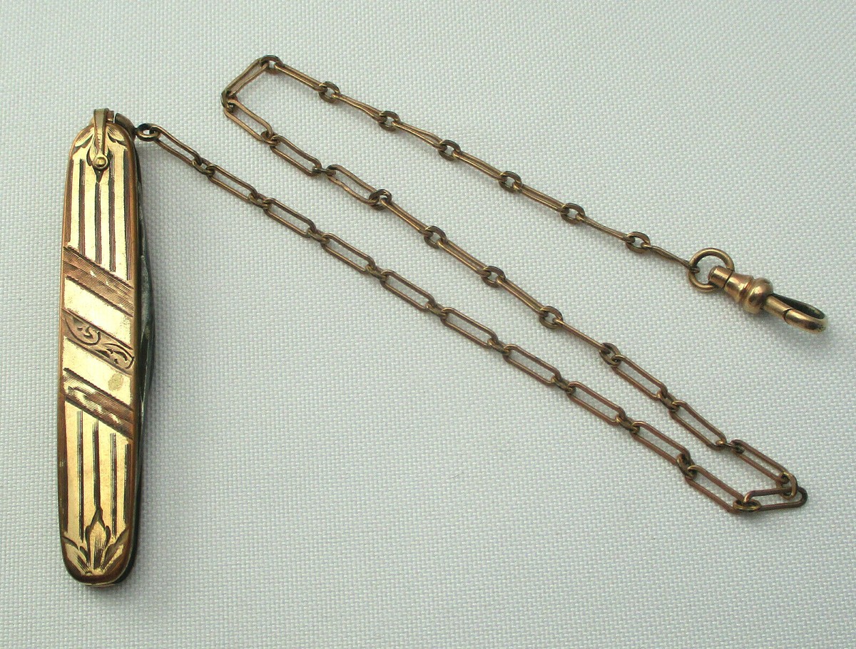 Vintage Simmons Pocket Watch Chain and Engraved Folding Knife Fob