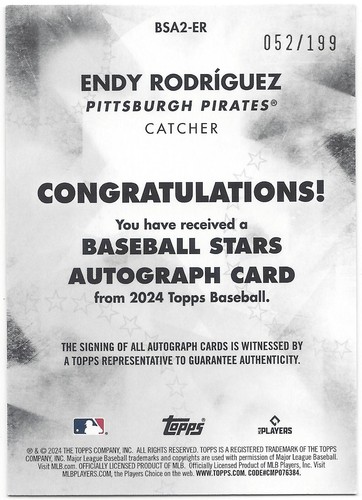 2024 Topps Endy Rodriguez Baseball Stars Autograph BLACK AUTO RC #ed 52/199 - Picture 4 of 4