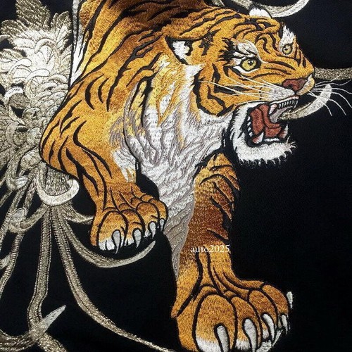 Mens Jacket Hoodie Japanese Pattern Embroidery Tiger Hooded Sweatshirt Flower - Picture 6 of 17