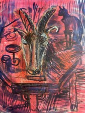 Michael Reynolds RP, RBA – Original Large Painting –Pink Goat and Cat