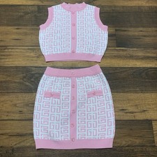 Girls Pink White Knit 2-Piece Skirt Set Sleeveless Faux Button Front Size L