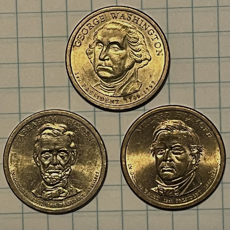 3 US Presidential Dollar Coins ~ 2007-P Washington / 2010-P Fillmore Lincoln AU