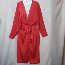 Asos Women's Red V-Neck Dress With Tie Waist and Batwing Sleeve. Size 6