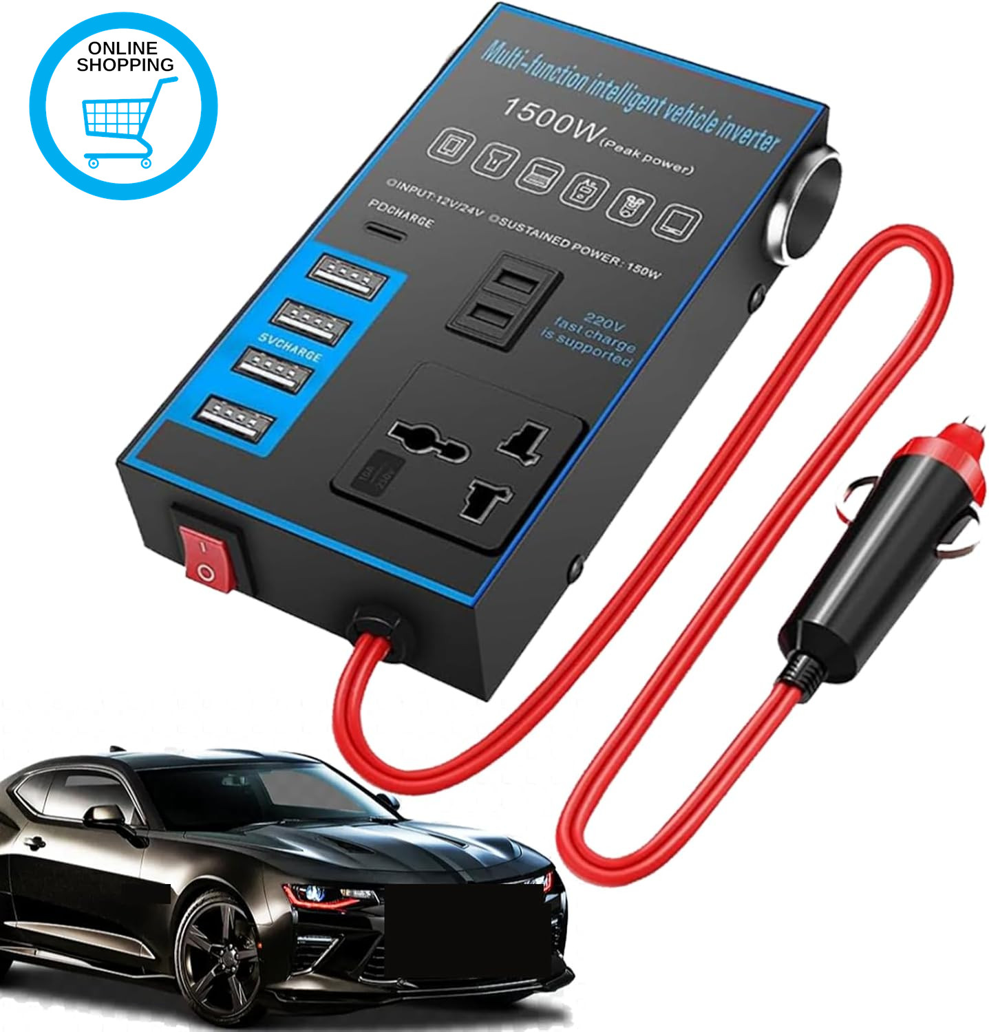 1500W Car Power Inverter, USB Charging Ports 12V/24V Universal Converter, Office