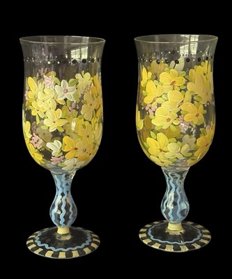 2 Tracy Porter Hand Painted Glass Wine Goblets with Flower Design Vintage Pair