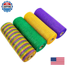 Cieovo 4 Roll Mardi Gras Poly Mesh Ribbon, Wired Edge, 10"x30' - Purple Green Go