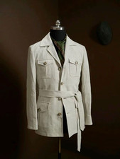 Leisure White Men Safari Jackets W/ Belt Four Pockets Work Outwear Hunting Coat