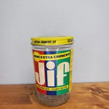 Vintage Jif Extra Crunchy peanut butter Food Glass Jar Bottle & metal Lid 18 oz