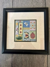 Vintage 2006 Framed Cross Stitch Wall Art Butterflies Ladybugs Dragonfly