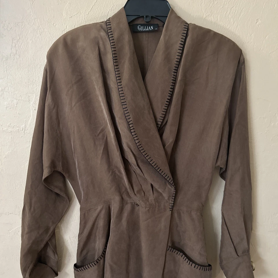 Vintage St. Gillian Size 6 100% Silk Dress Brown Stitch Shoulder Pads Pockets - Image 3 of 4