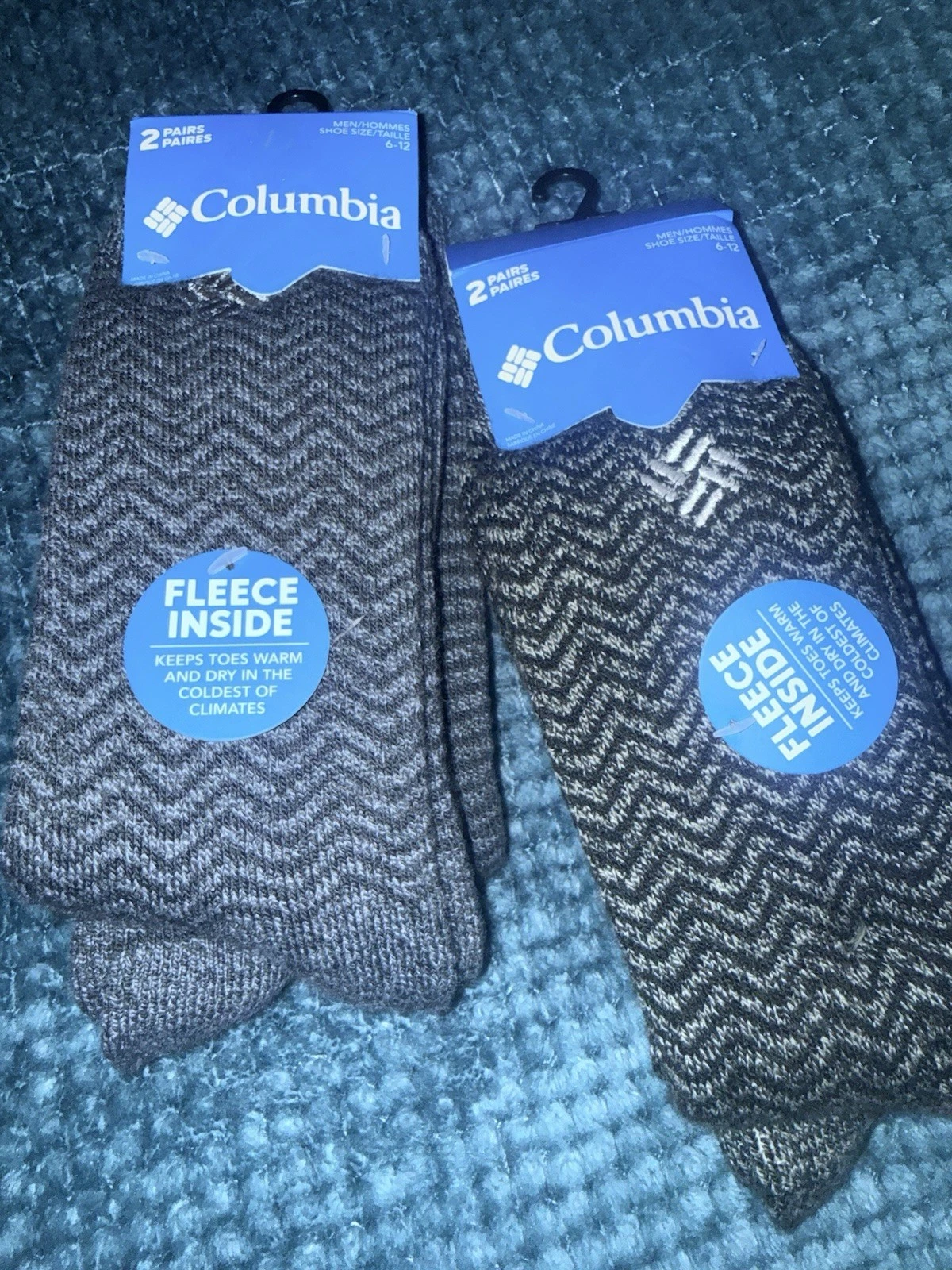 Columbia Men's Fleece Inside Grey & Black Socks Size 6-12 2-Pack/ Total of 4 !!