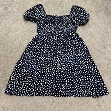 Roxy Polka Dot Smocked Bodice Puff Sleeve Mini A-Line Dress Womens XS Navy Blue