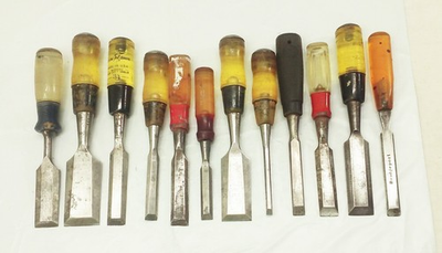 #ad Vtg Bevel edge rubber handle Wood chisel set Tool LOT Stanley Craftsman Buck Bro $42.99