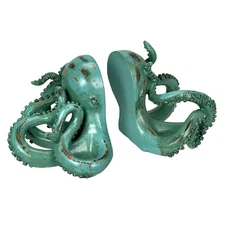Aqua Green Octopus Bookends Set of 2 Nautical Polyresin Coastal Shelf Decor