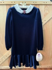 Vintage Rare Editions Navy Velveteen Lace Collar Ruffle Dress Girls Sz 16 NWT