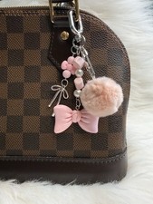 Pink Pom Pom Bow Keychain Bag Charm Silver Color Clip Gift Handmade New