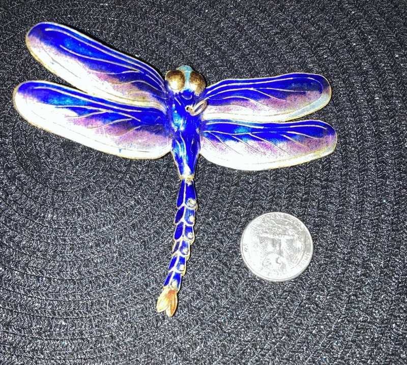 Vintage Cloisonne Enamel Dragonfly Articulated Movable Tail Ornament Brooch Pin