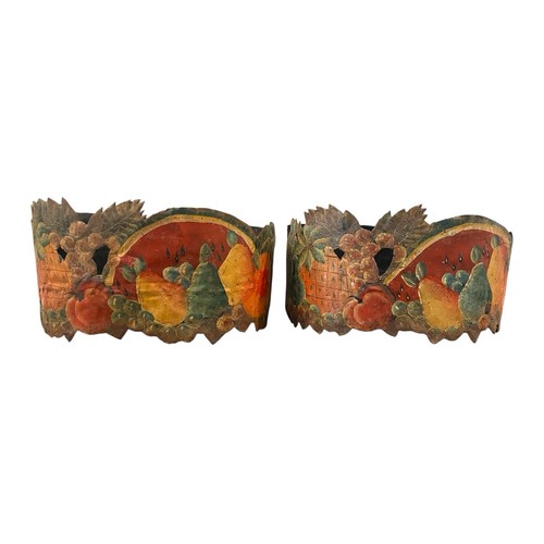 Rare Pair of Antique Hand-Painted Folk Art Toleware Primitive Wall Planters 