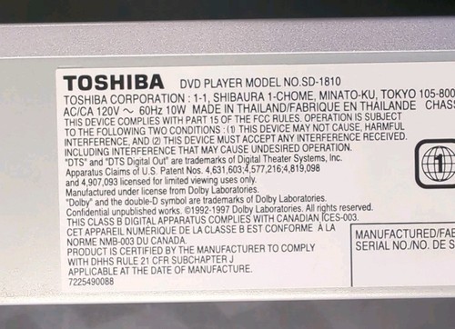 Toshiba DVD Video Player With Remote Color Stream Dolby Digital SD-1810 Working - Picture 5 of 5