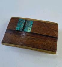 Vintage Exotic Mixed Wood w/ Turquoise Inlay Brass Belt Buckle