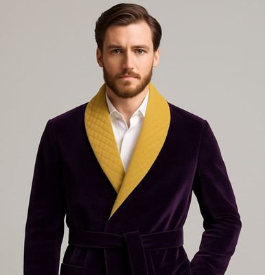 Men's Purple Velvet Smoking Jacket Robe Blazer with Gold Quilted Trim