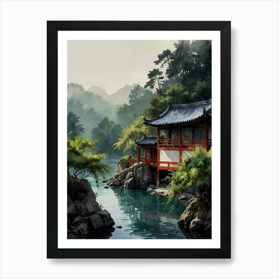 Asian House By The River Art Print Framed Wall Art Poster Canvas Print Picture