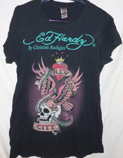vtg Ed Hardy T Shirt New York City Tattoo Eagle Y2K Black Size 1x Made In USA