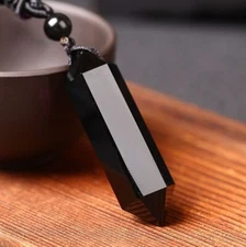 Natural crystal black obsidian hexagonal column necklace pendant bead rope chain