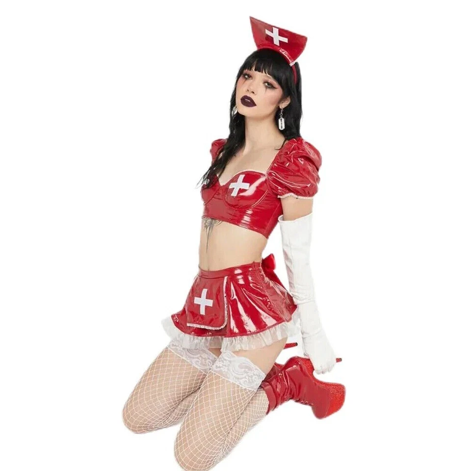 Sexy Disfraz de Enfermera de Cuero PVC Wetlook Vestido Trajes Volantes Manga Abullonada Top Corto Foto 3 de 4