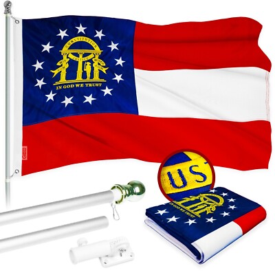 G128 5 Ft Flagpole (Silver) & Georgia Flag 2.5x4 Ft Embroidered 300D Polyester
