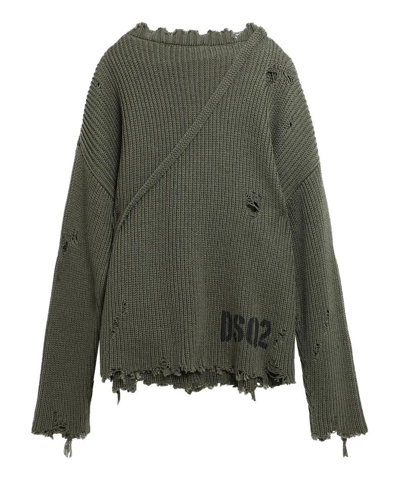 Dsquared Woven Distressed Thrashed Knit Sweater With Sling Bag Pouch XXXL - Image 2 of 4