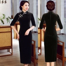 Autumn Winter Velvet Qipao Dress Chinese Velour Cheongsam Women Evening Frocks