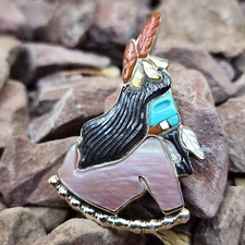 Remarkable Andrea Shirley Lonjose Zuni Raindancer Brooch Pin Or Pendant