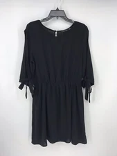 Doe & Rae Black Tie Sleeve Elastic Waist Lined Dress Womens Size Large EUC