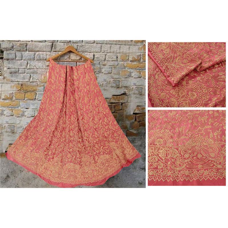 Sanskriti Vintage Pink Unstitched Long Skirt Pure Satin Silk Hand Beaded Ethnic Sanskriti Vintage Pink Unstitched Long Skirt Pure Satin Silk Hand Beaded Ethnic