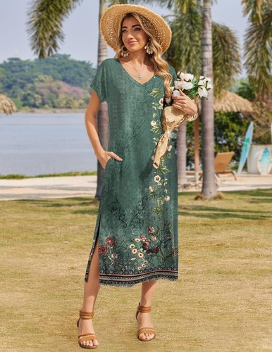 Summer Floral V-Neck Maxi Dress Short Sleeve Casual Beach Dress with Pockets - Picture 22 of 109
