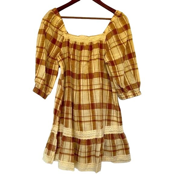 plaid boho dress Women's Boho Dress Red Plaid Splid Ruffles Peplum Maxi Dress Cake Dress, Red / M