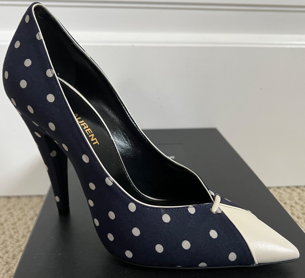 Saint Laurent YSL Lola Navy Blue Polka Dot White Pointed Pumps Sz