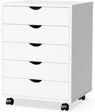 5 Drawer File Cabinet Wood Rolling Organizer Storage Chest Stand with Wheels
