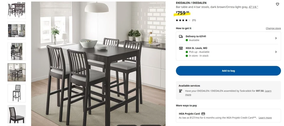 IKEA EKEDALEN Mesa de Bar y 4 Taburetes de Bar, Blanco/Orrsta Gris Claro, 47 1/4" Foto 3 de 4